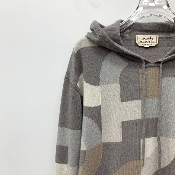 IM0278 Hermes Hermes color-blocked pig nose full-print cashmere hooded drawstrin - Picture 3 of 8